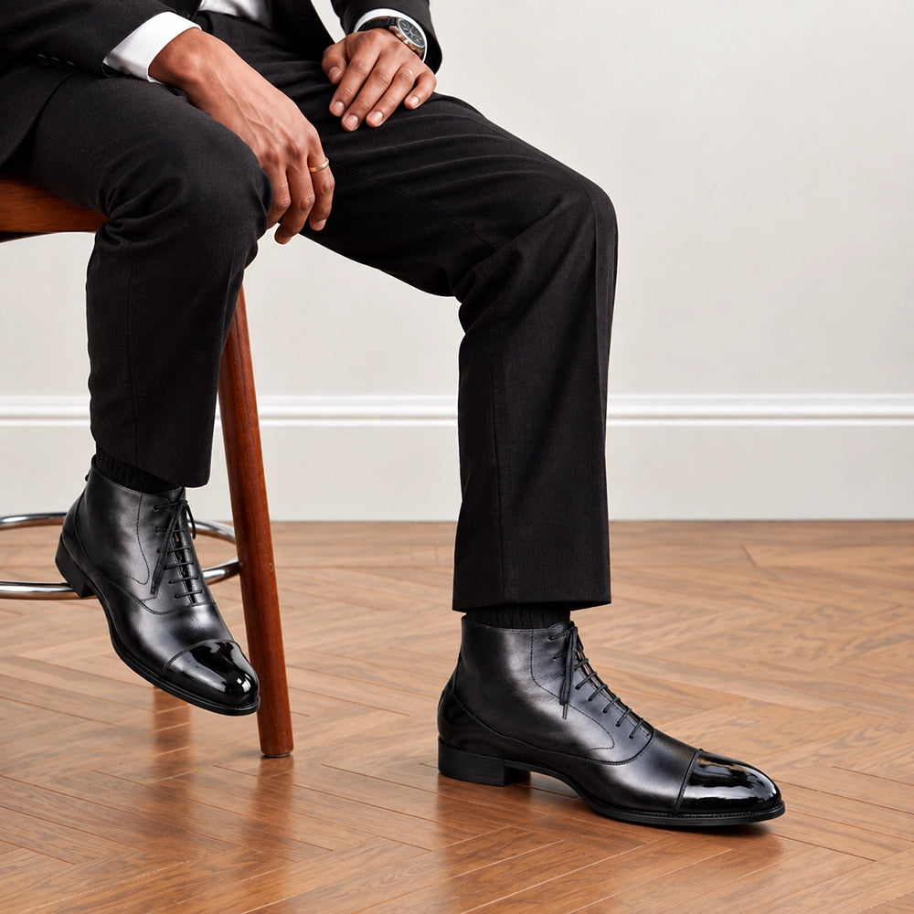 Men's Black Leather Ankle High Luxury Dress Boots in just €225.99