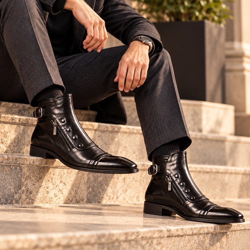 Men's Black Leather Ankle High Zipper Military Boots in just €199.99