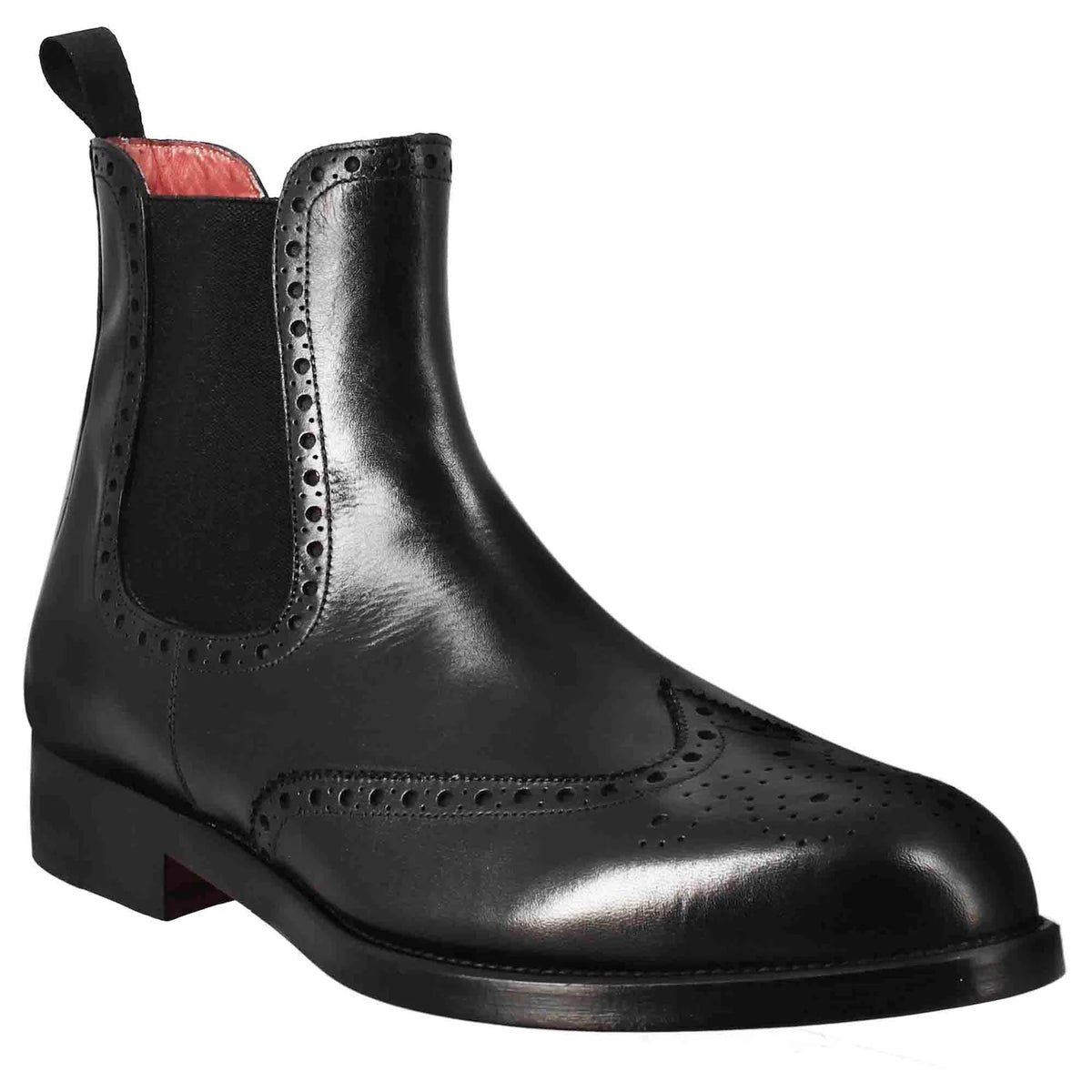 Chelsea boot with brogue details for men in black leather with elastic in just €205.00