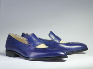 Mens Blue & Beige Patina Leather Moccasin Loafer