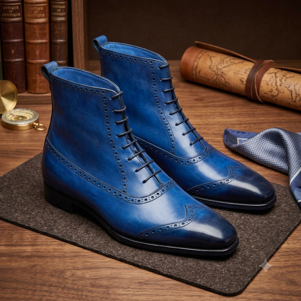 Men's Blue Leather Wingtip Oxford Dress Boots