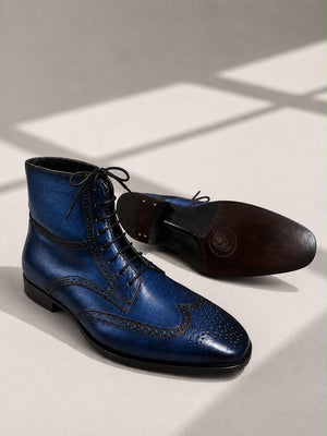 Men's Blue  Patina Leather Ankle High Wingtip Boots