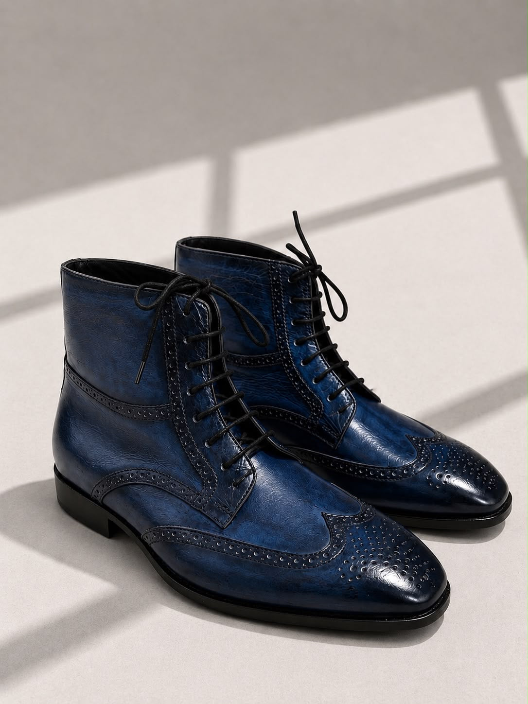 Men's Blue  Patina Leather Ankle High Wingtip Boots