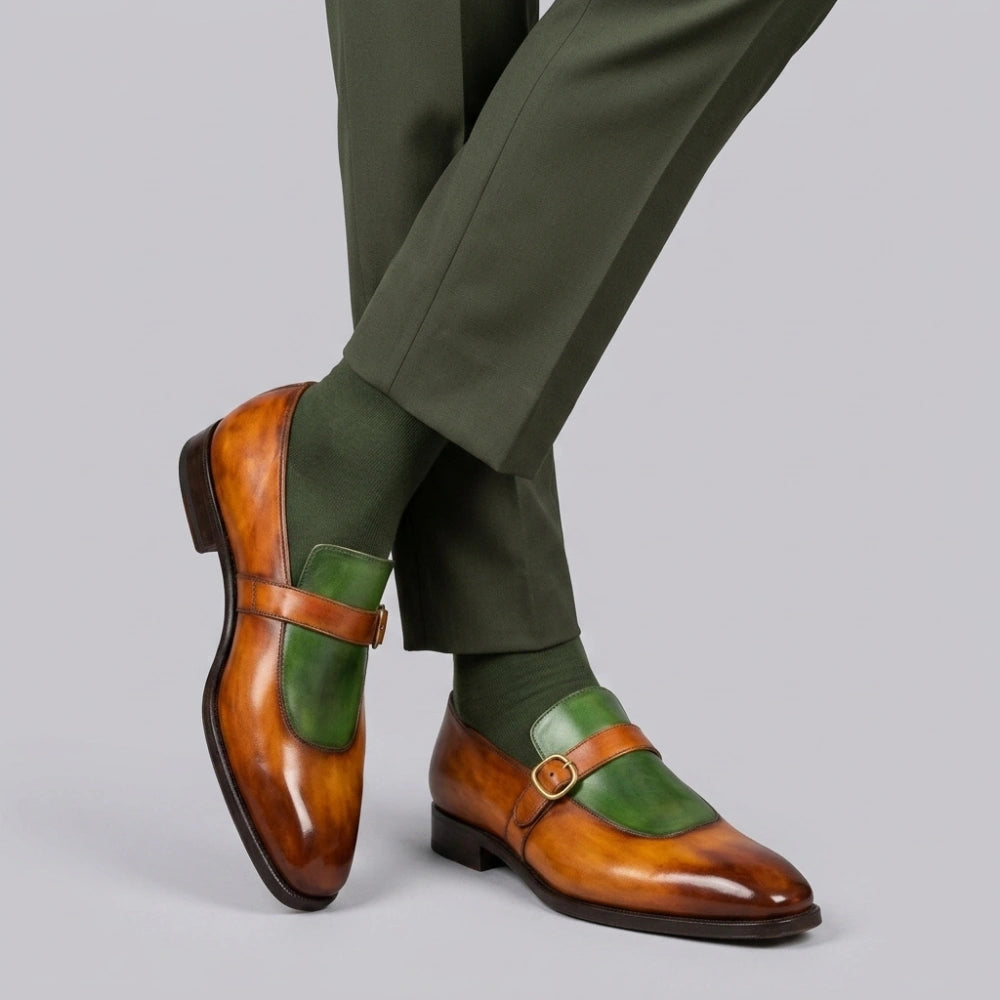 Men's Brown & Green Leather Monk Buckle Dress Loafers