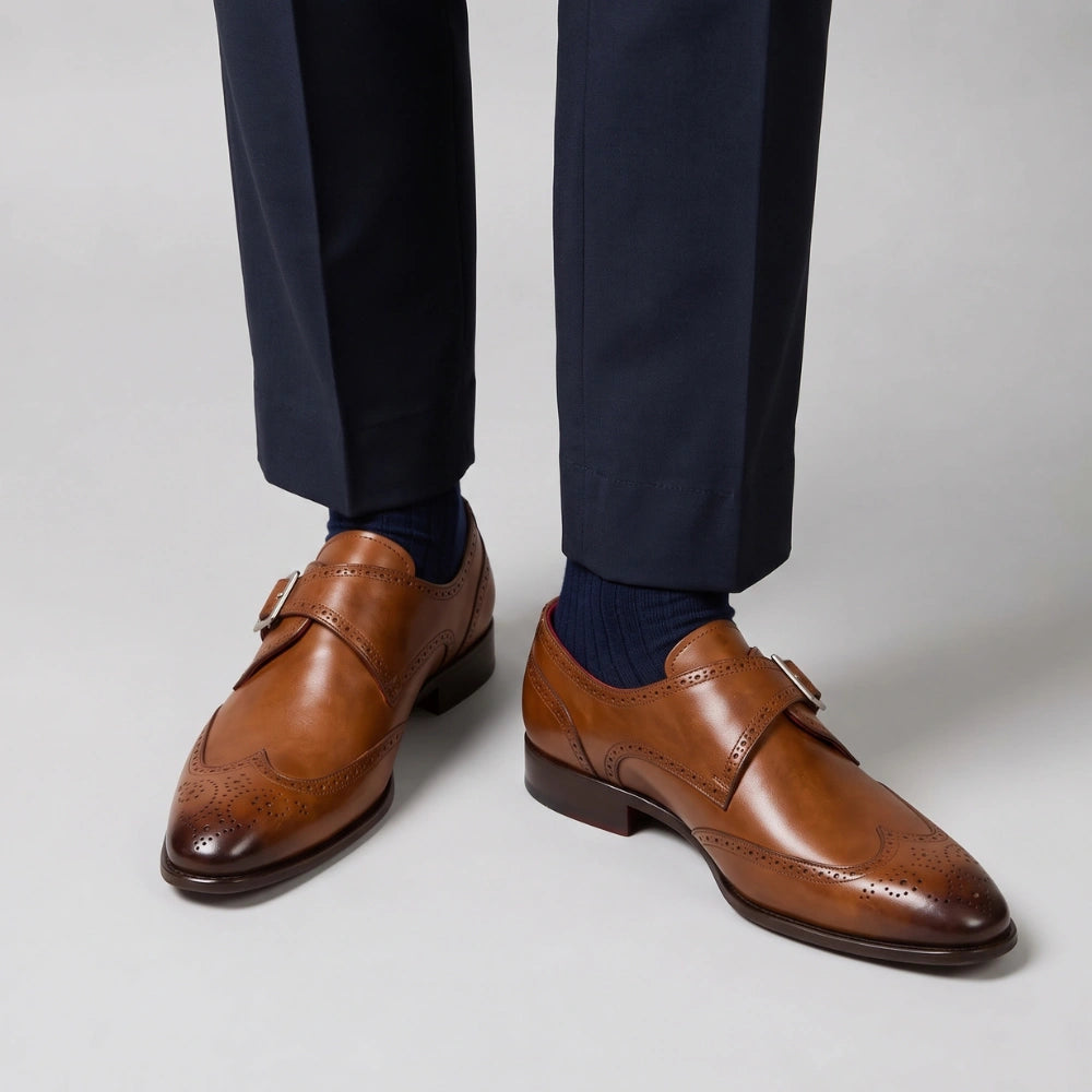 Men's Brown Leather Oxford Wingtip Monk Shoes in just €188.99