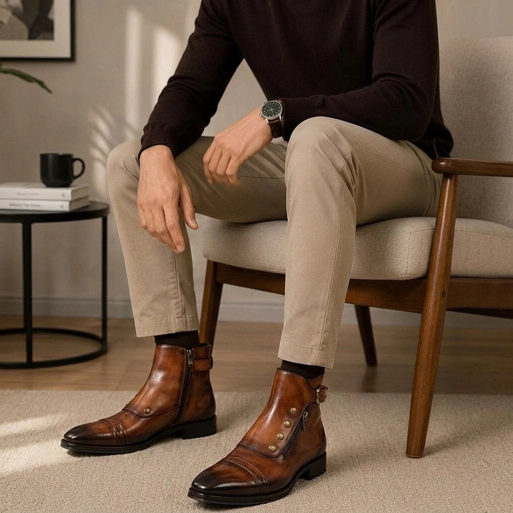 Men's Brown Patina Leather Ankle High Military Boots in just €199.99