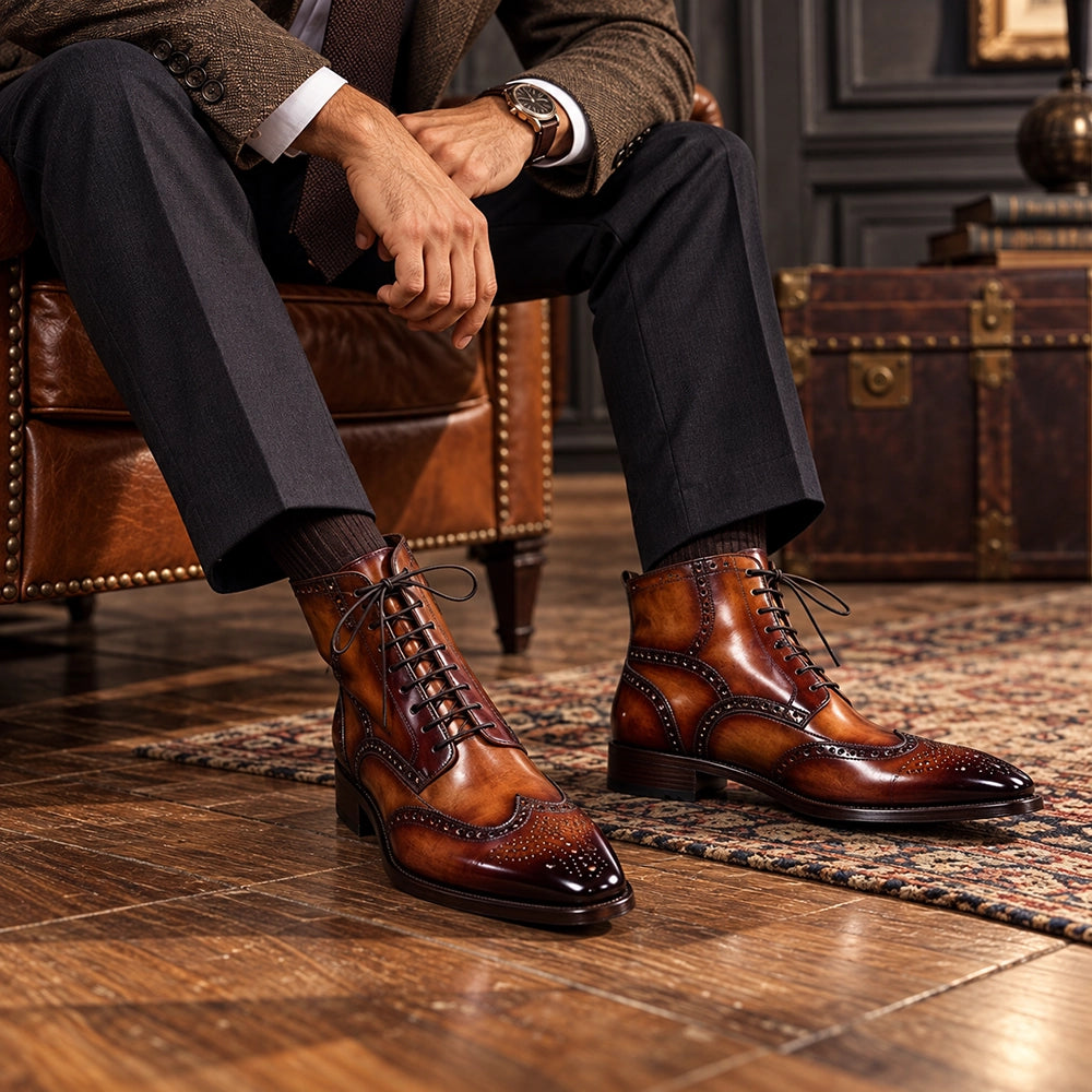 Men's Brown Patina Leather Ankle High Wingtip Boots in just €194.99