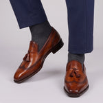 Men's Brown Patina Leather Wingtip Oxford Tassel Loafers