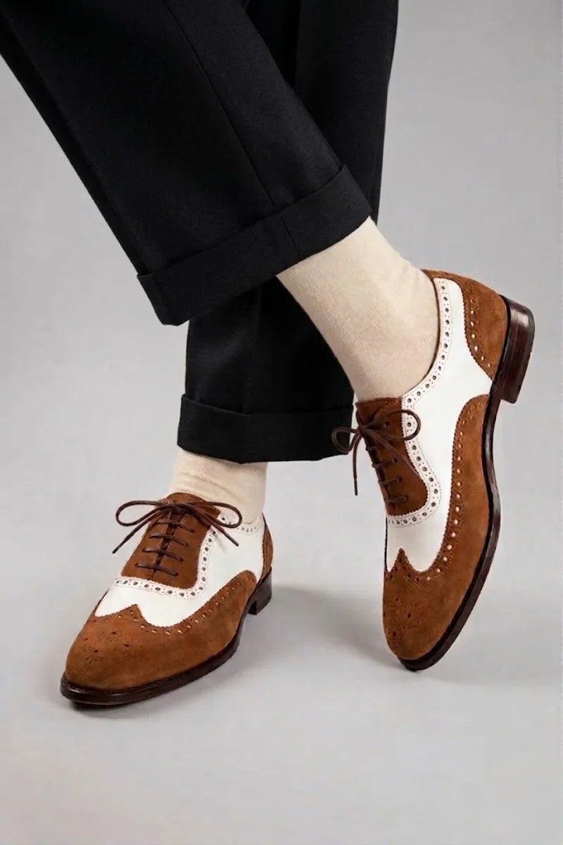 Men's Brown & White Suede Leather Wingtip Shoes