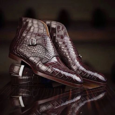 Men's Dark Brown Alligator Texture Leather Boots in just €190.99