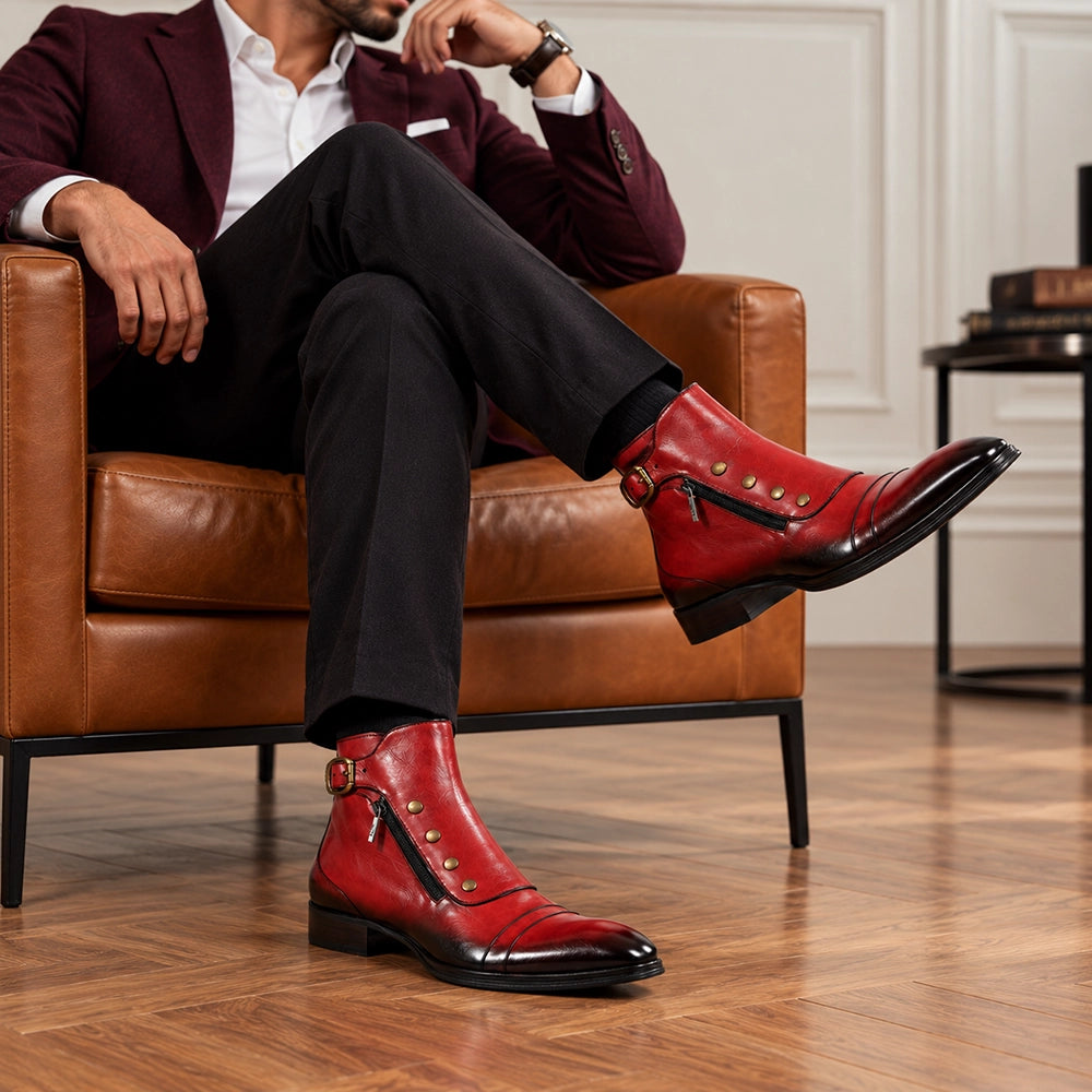 Men's Red Patina Leather Ankle High Military Boots in just €199.99