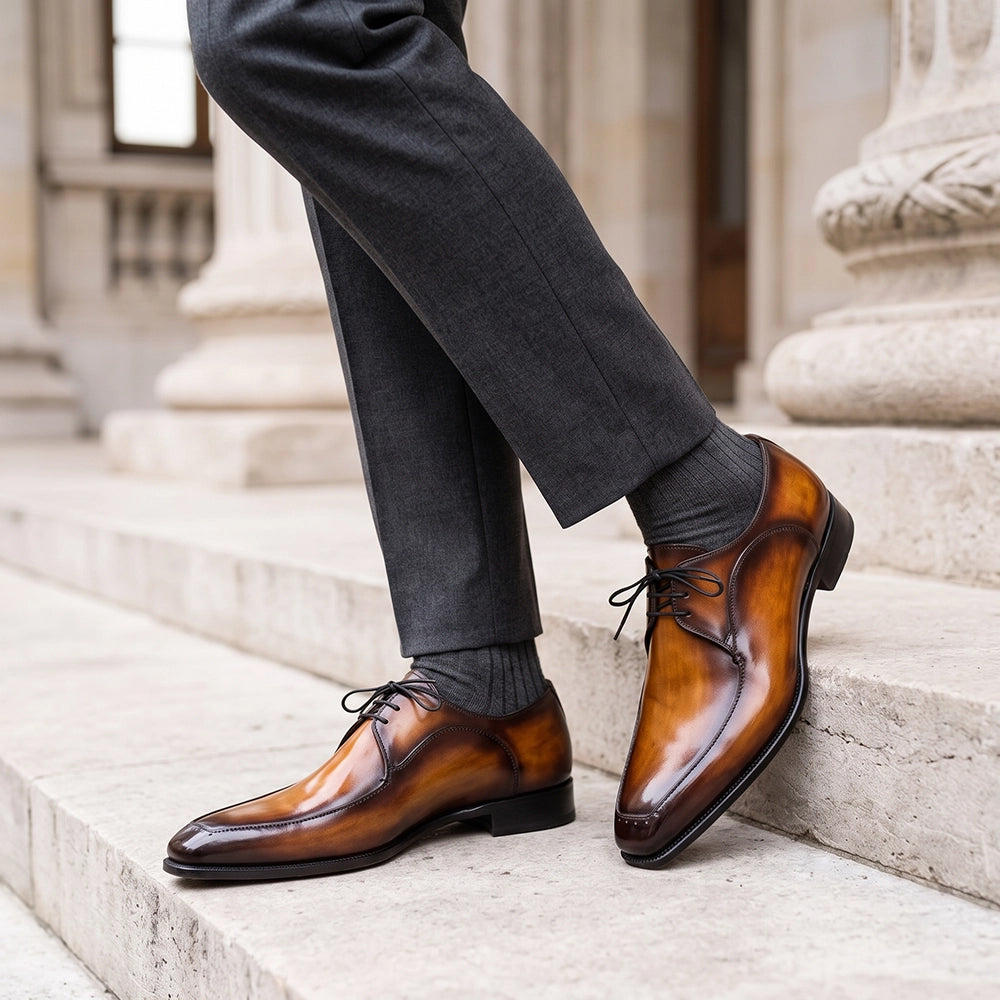 Men's Tan Brown Patina Leather Derby Shoes