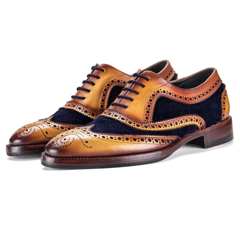 Men's Tan & Navy Blue Suede Leather Wingtip Shoes