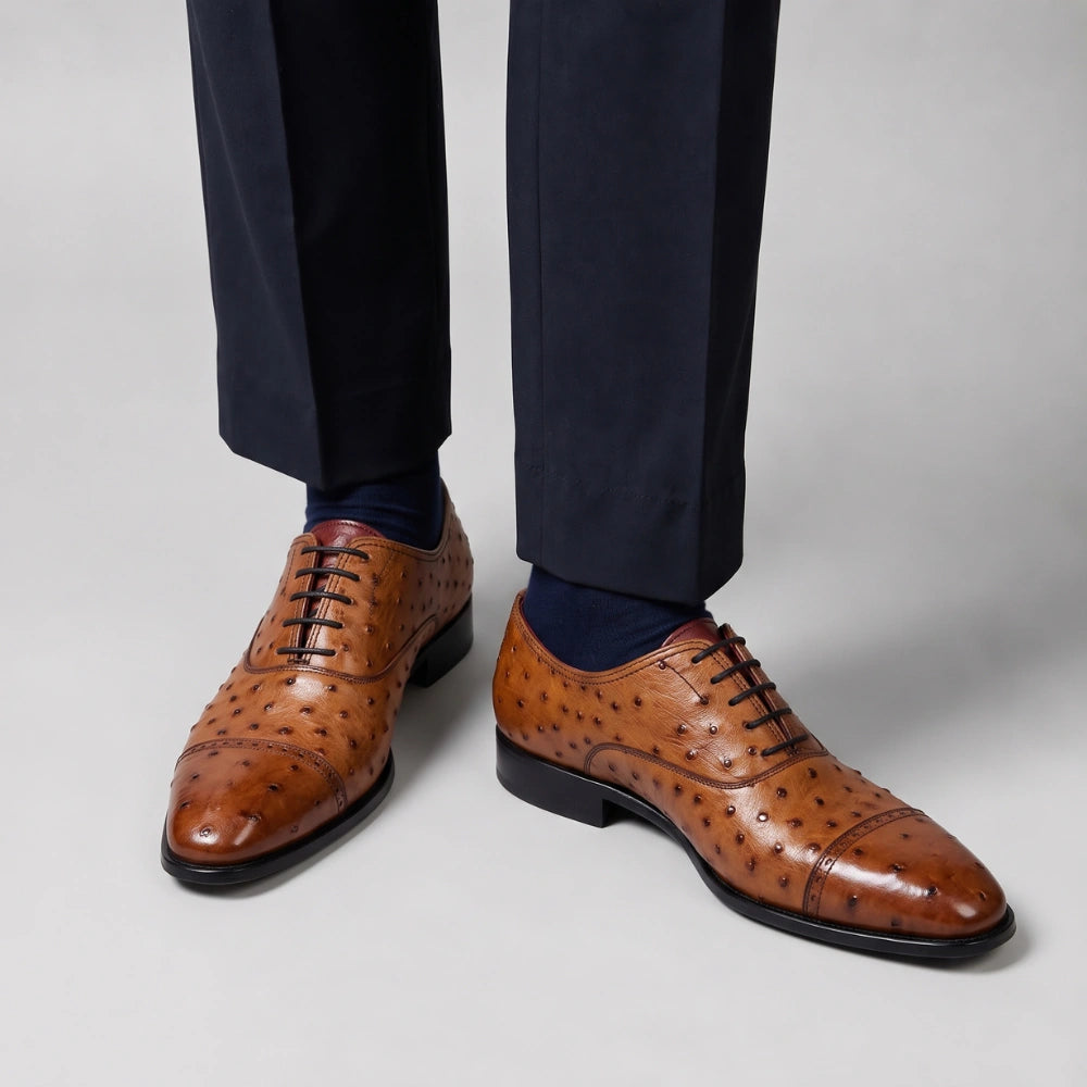 Men's Tan Ostrich Impression Leather Oxford Shoes in just €184.99