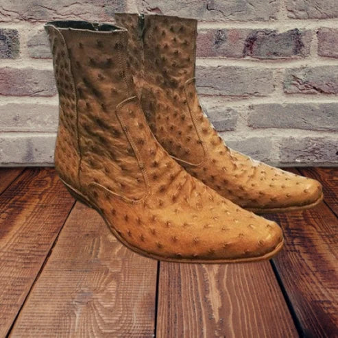 Men's Tan Zipper Closure Ostrich Leather Boots in just €205.99