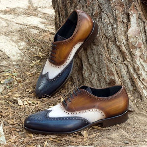 Men Tri Tone Patina Leather Wingtip Oxford Shoes