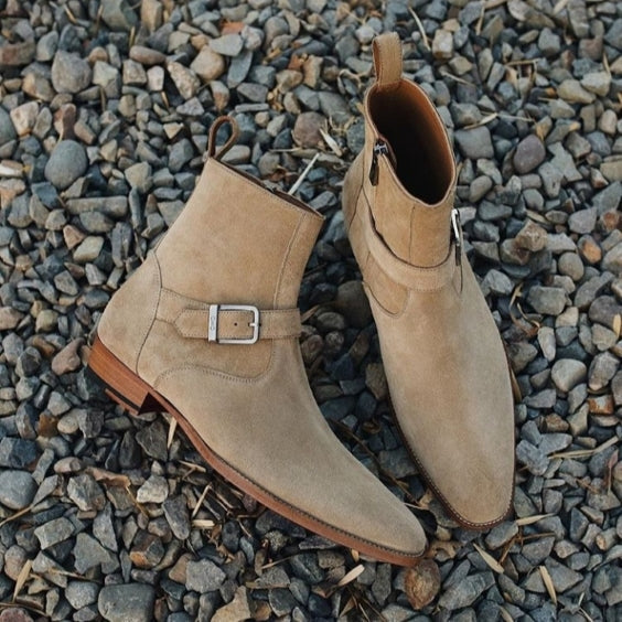 Bottines Jodhpur montantes en daim beige pour hommes