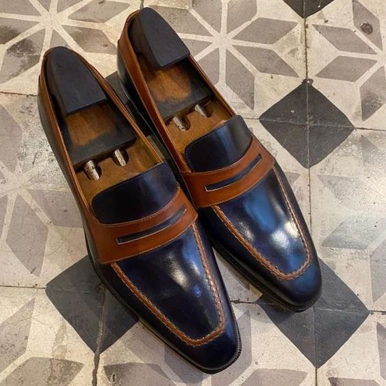 Men's Dual Tone Black & Brown Leather Penny Loafers