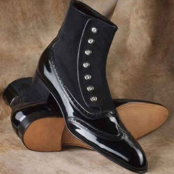 Men's Black Patent Leather Ankle High Button Boots