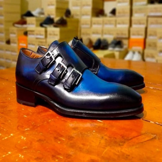 Dreifach-Monk-Schuhe für Herren aus blauem Patina-Leder
