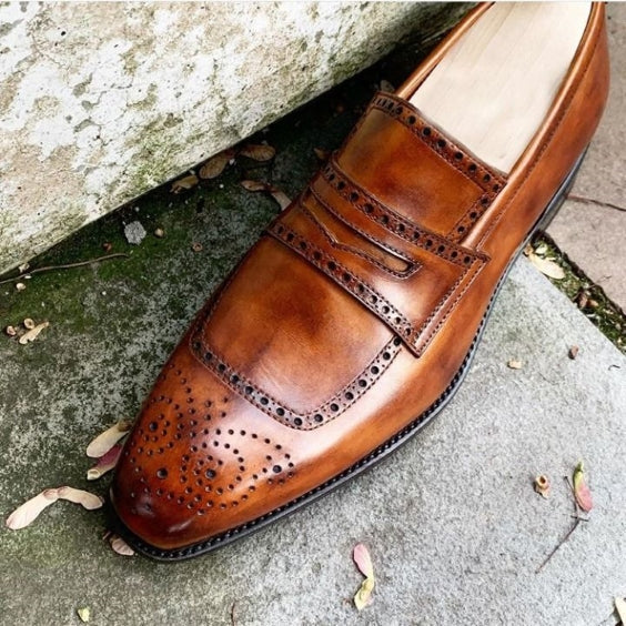 Men's Brown Patina Leather Brogue Penny Loafers