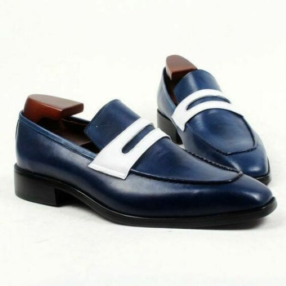 Men's Navy Blue & White Leather Penny Loafers