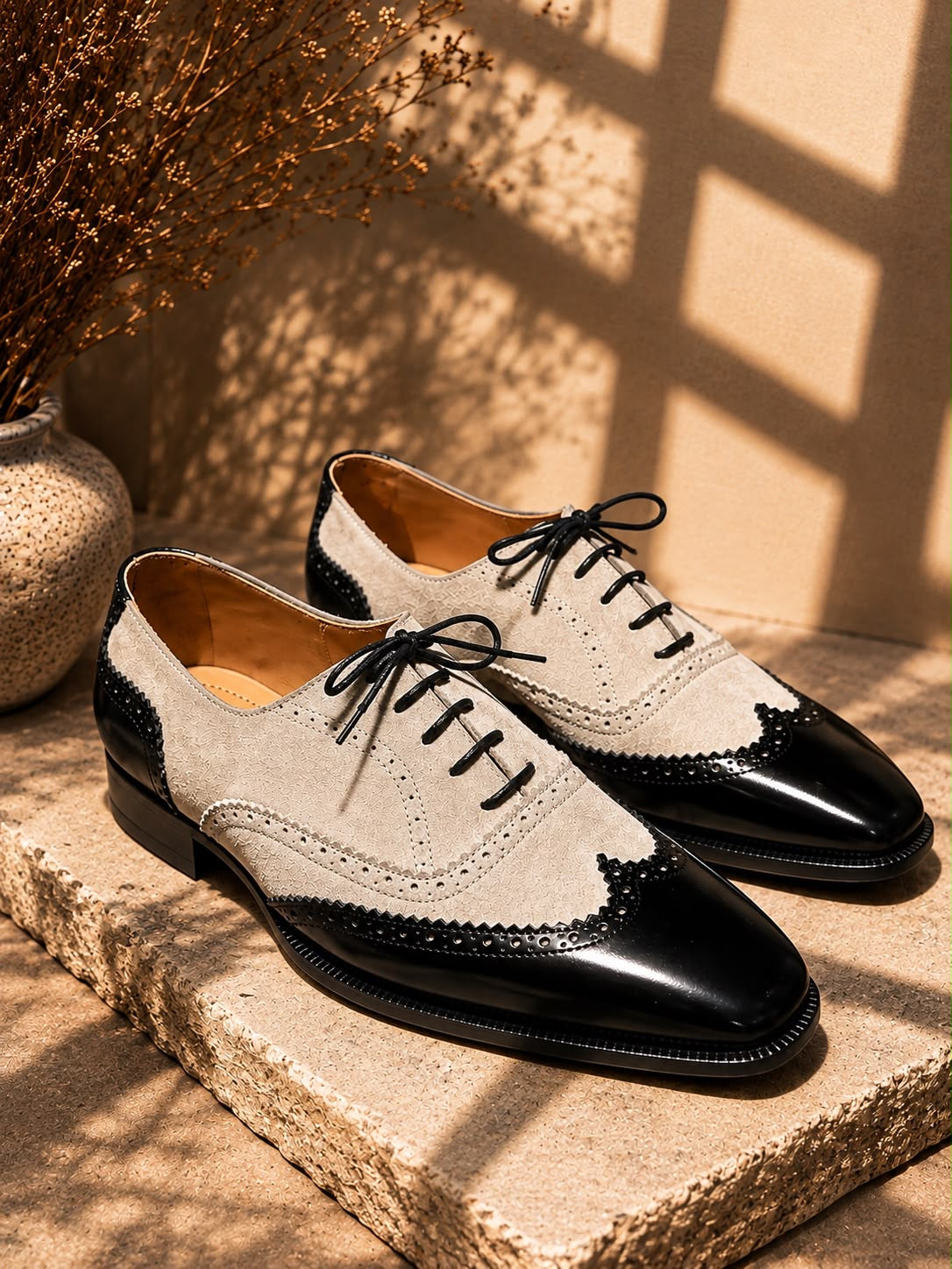 Men's Black & Beige Suede Leather Wingtip Oxford Shoes