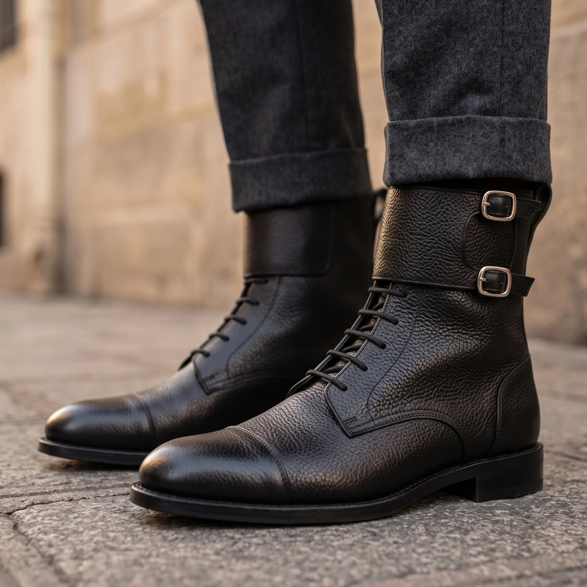 Atlas Black Leather Buckle Lace-Up Boots in just €250.00