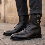 Atlas Black Leather Buckle Lace-Up Boots