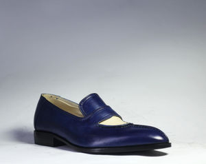 Men's Blue & Beige Patina Leather Moccasin Loafers