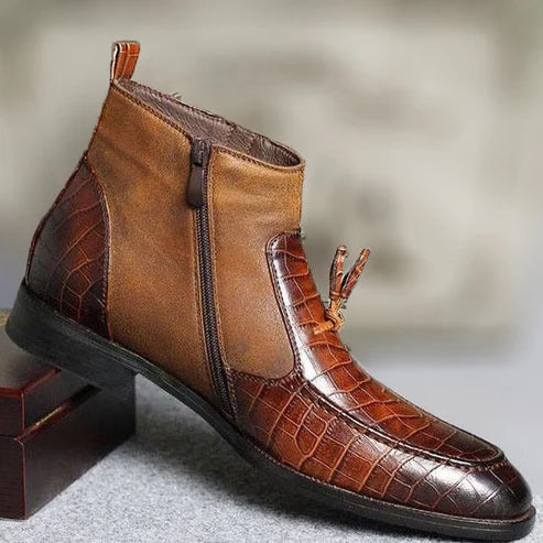 Bottes zippées à pompons en cuir texturé alligator marron pour hommes