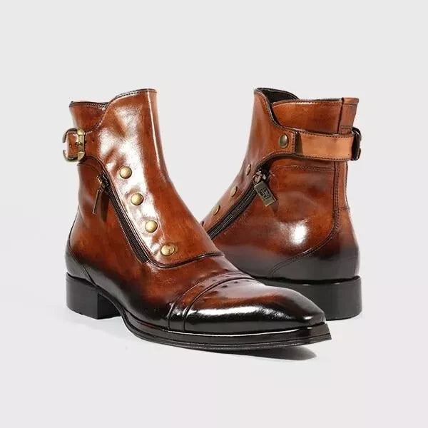 Men's Brown Patina Leather Ankle High Military Boots in just £199.99