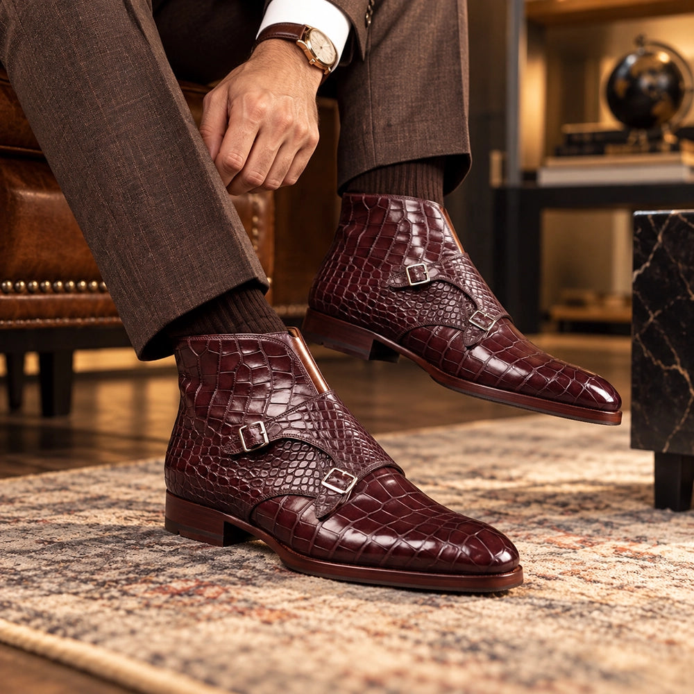 Men's Dark Brown Alligator Texture Leather Boots in just €190.99