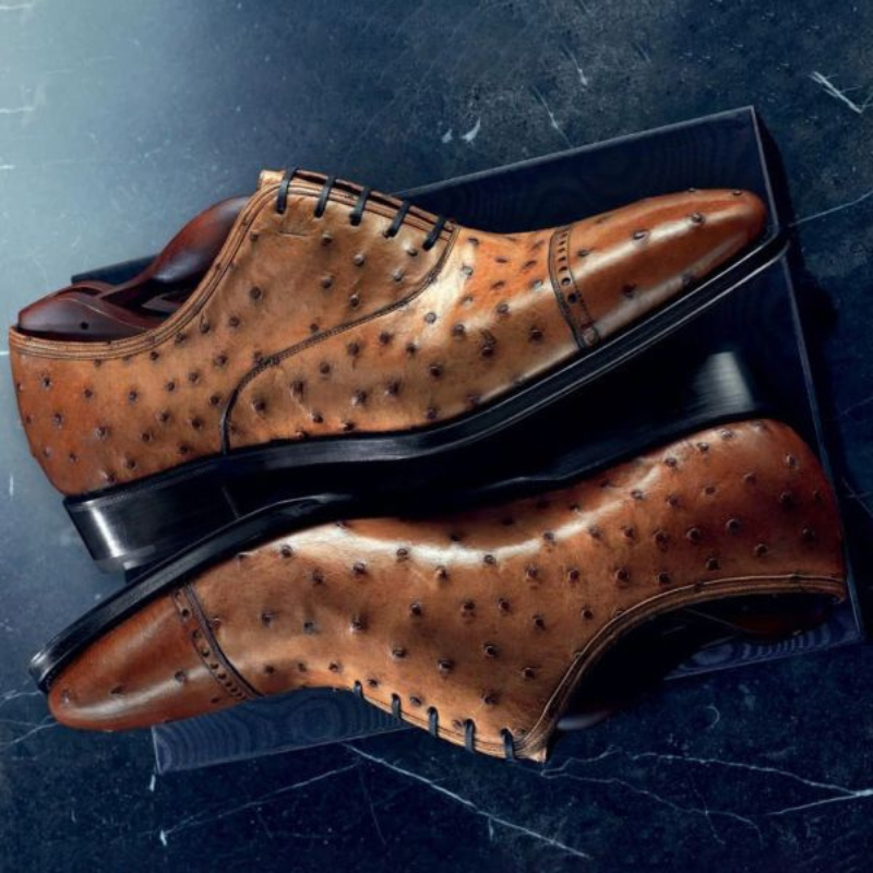 Men's Tan Ostrich Impression Leather Oxford Shoes in just €184.99