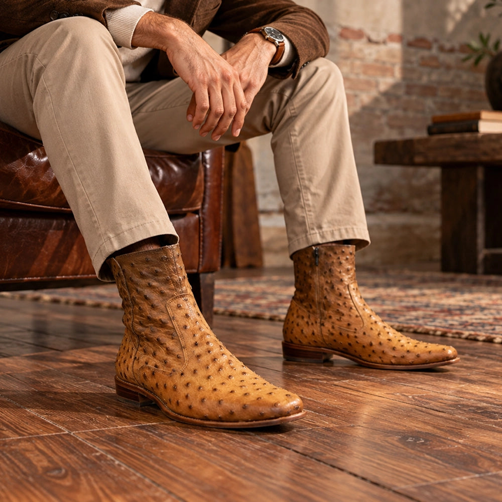 Men's Tan Zipper Closure Ostrich Leather Boots in just €205.99