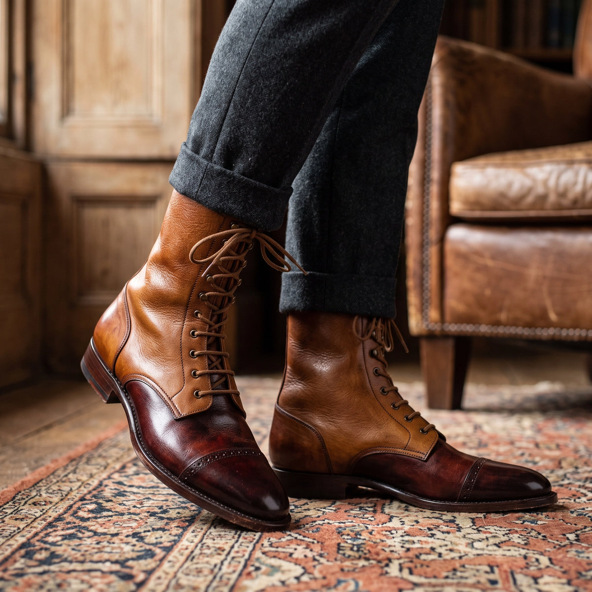 Men's Brown Leather Calf High Military Boots