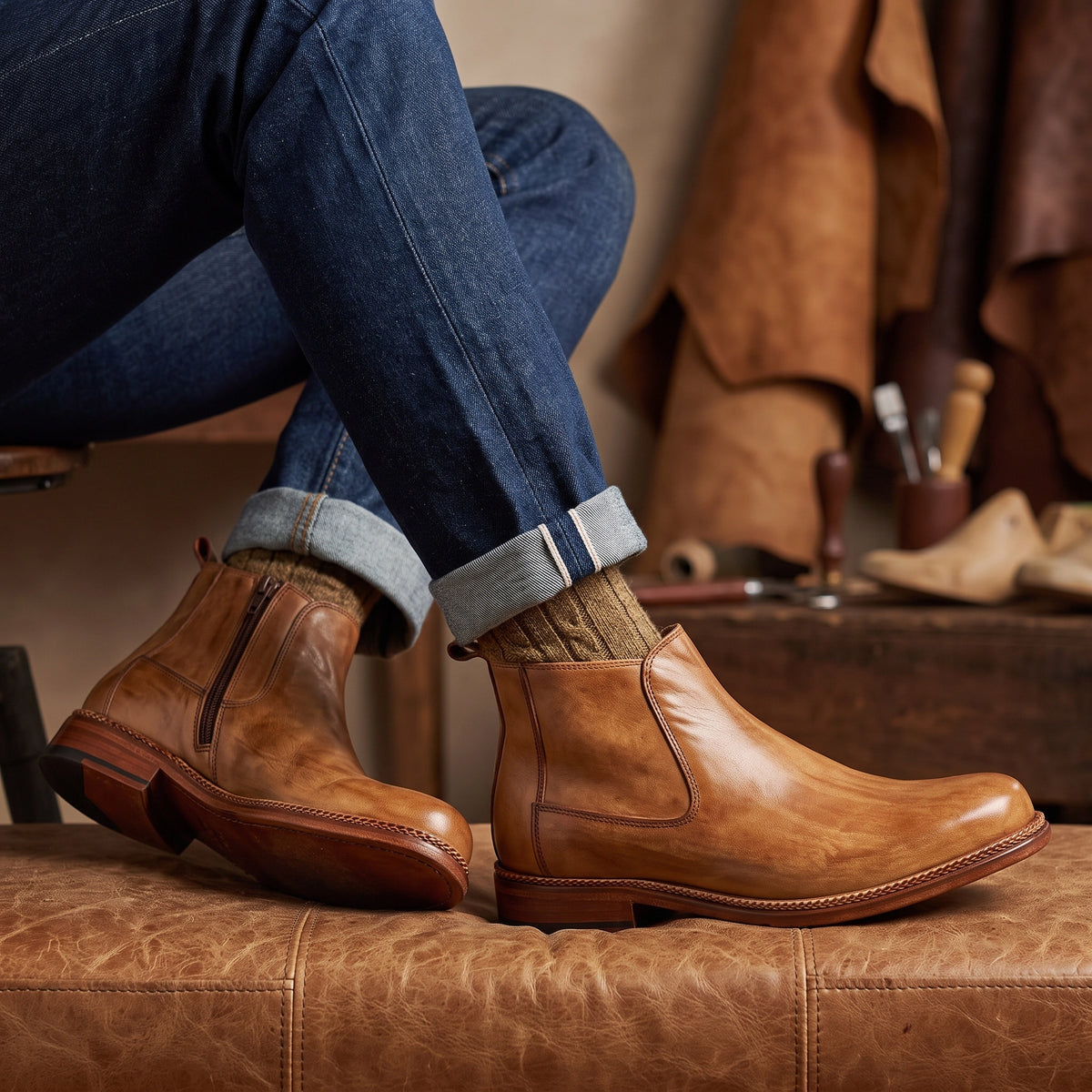 Handmade classic light brown leather men's ankle boots