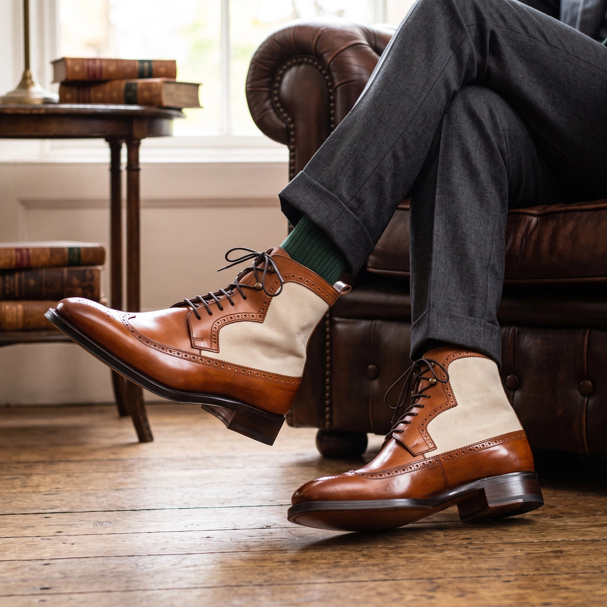 Men's Brown & White Suede Leather Ankle High Boots