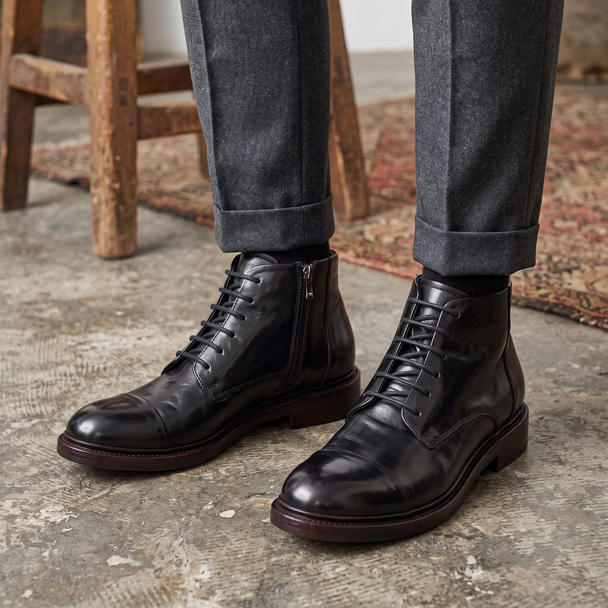 Botte amphibie de plongée moyenne pour homme en cuir lavé noir