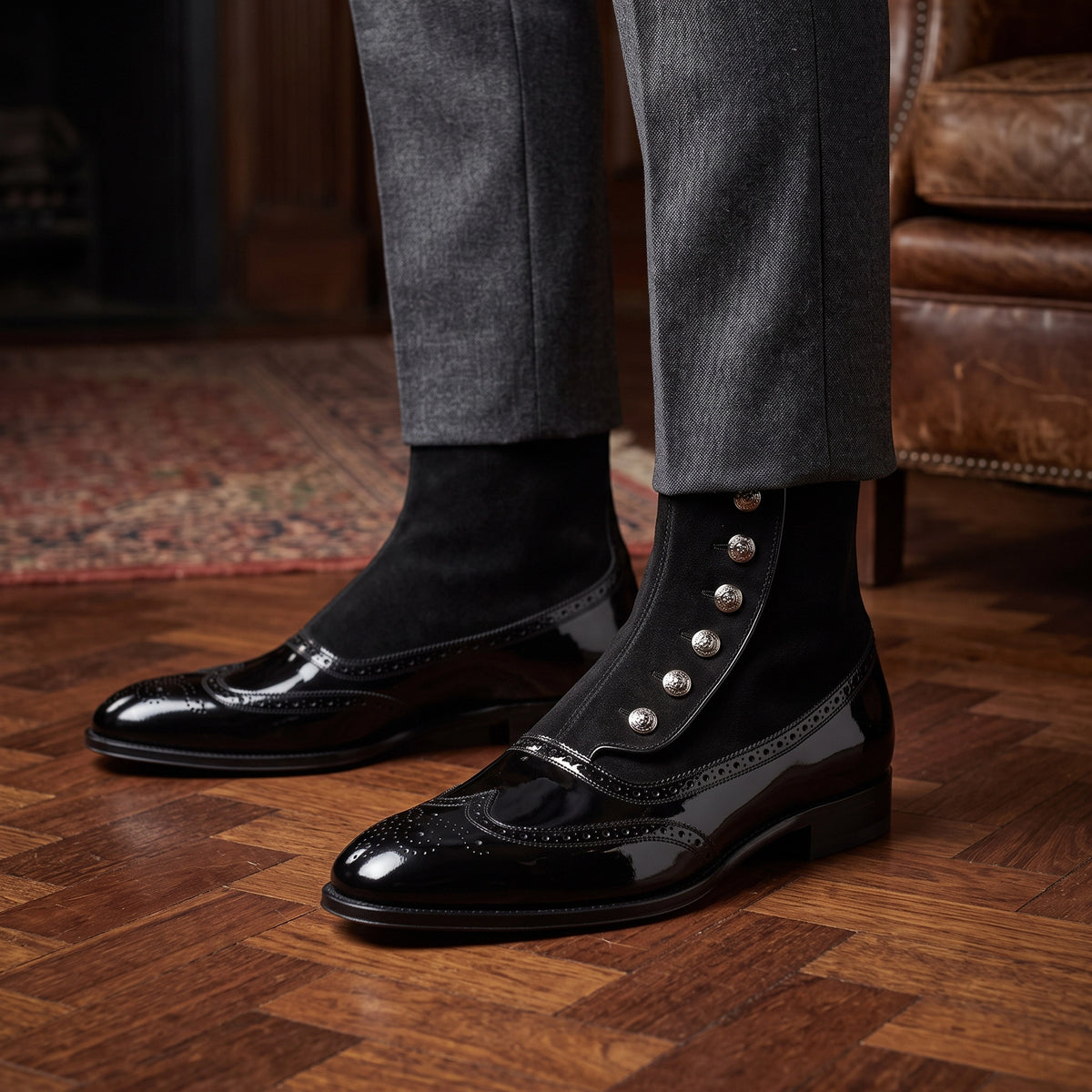 Bottines à boutons en cuir verni noir pour hommes
