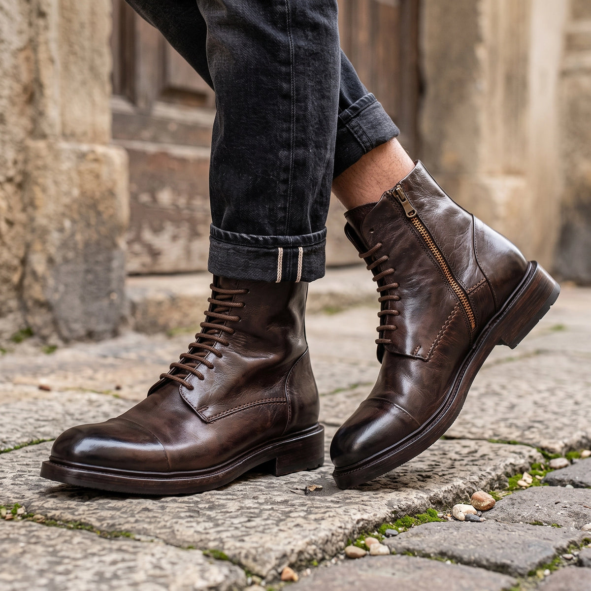 Botte amphibie haute de plongée pour homme en cuir lavé marron foncé