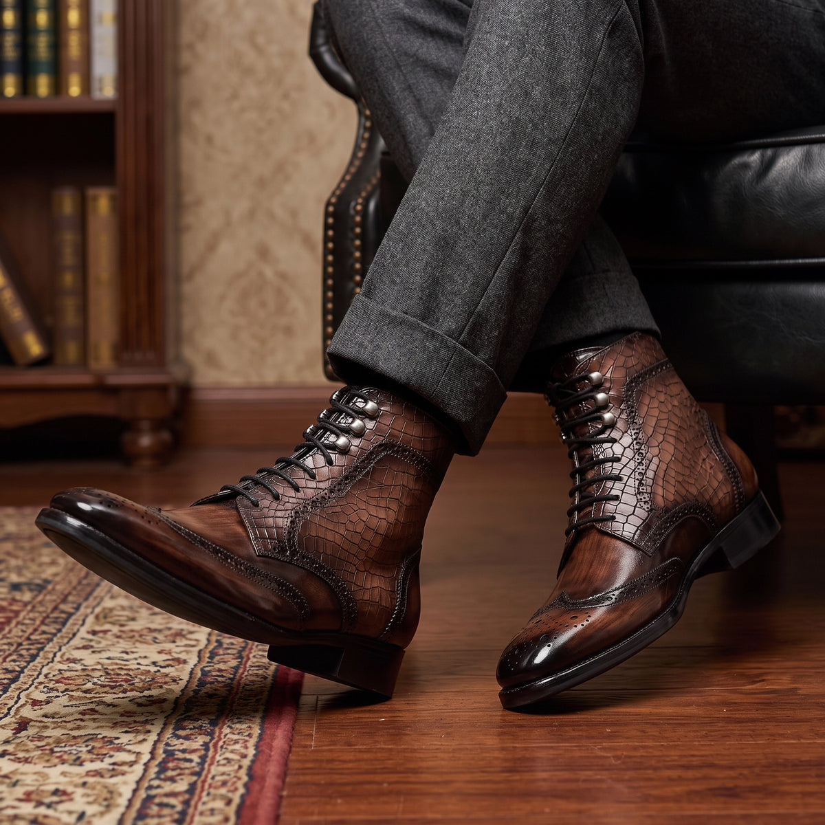 Wingtip Lace Up Boots- Croc Brown
