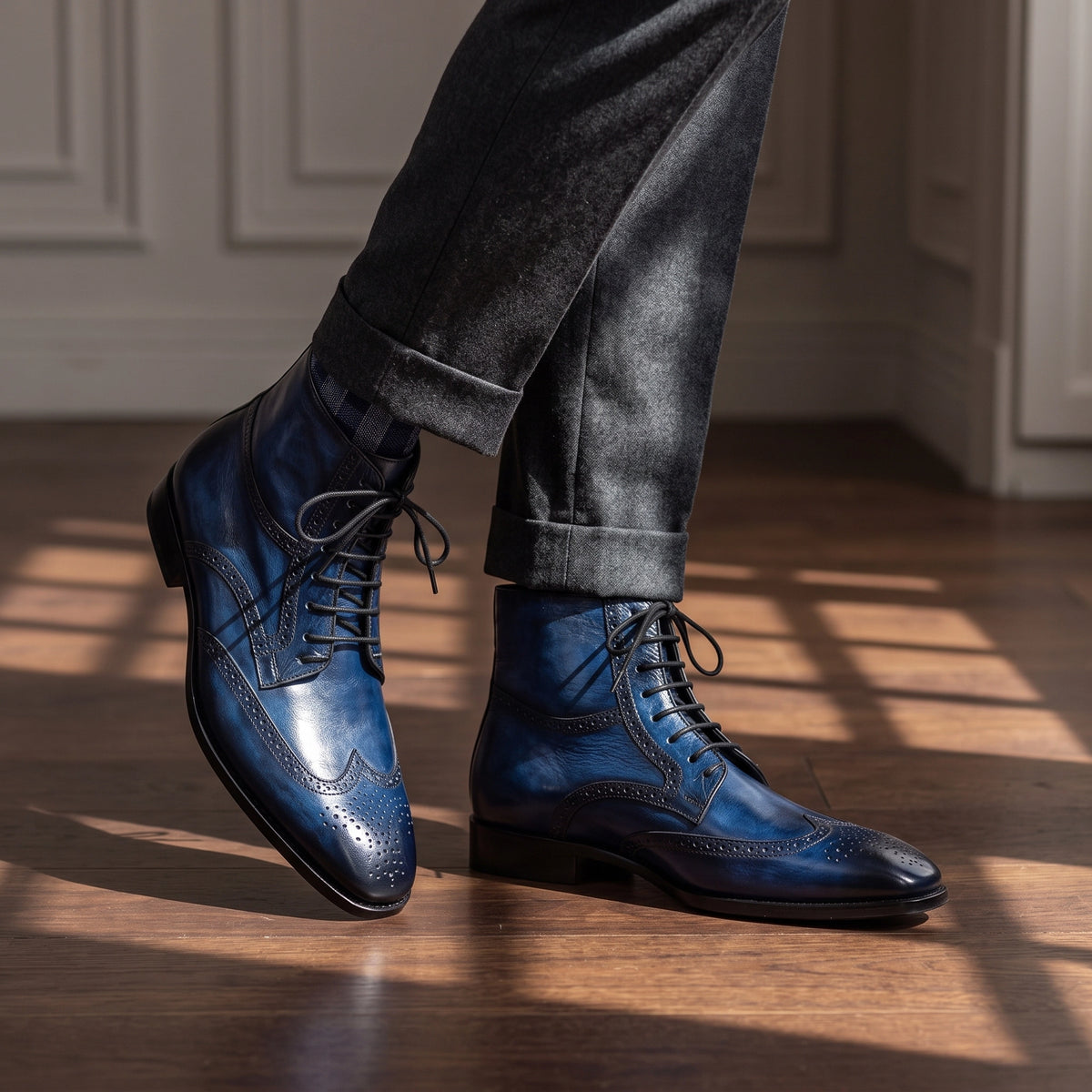 Men's Blue  Patina Leather Ankle High Wingtip Boots