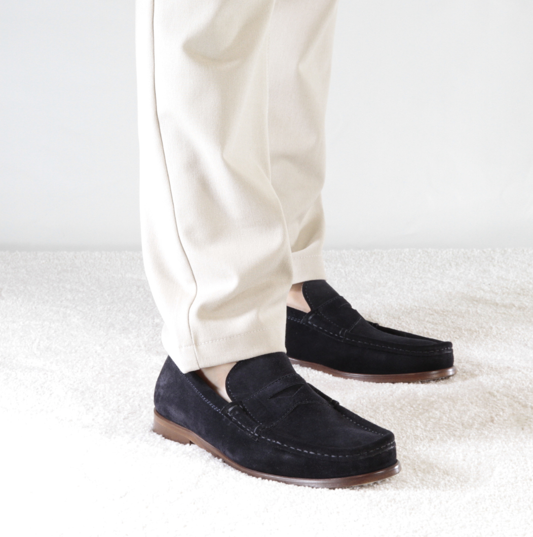 Handmade dark blue suede men's moccasin