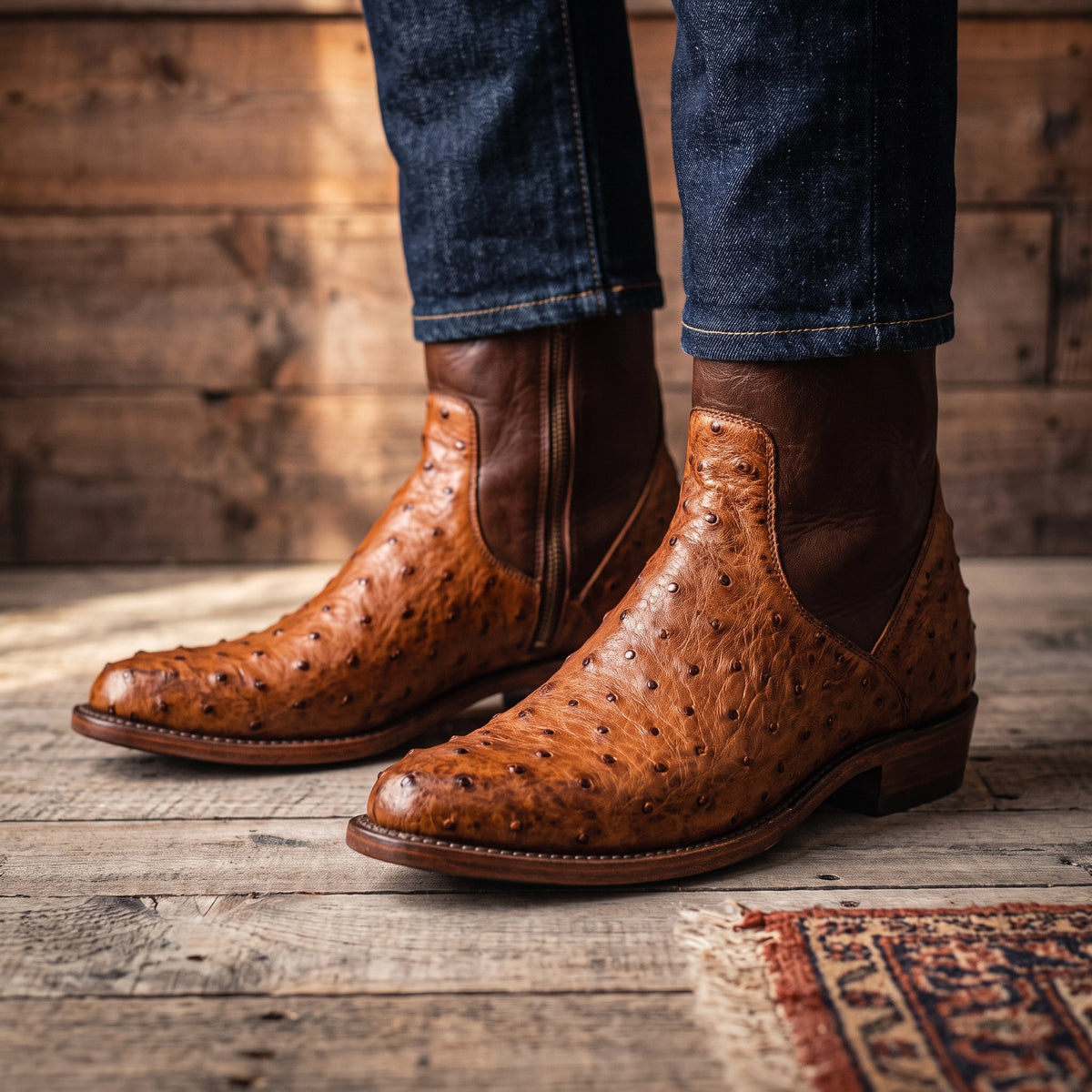 Bottes en cuir d'autruche marron clair faites à la main pour hommes