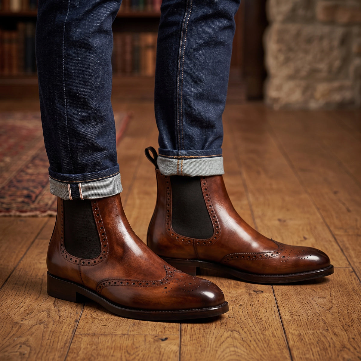 Men's chelsea boot with brogue details in brown leather with elastic