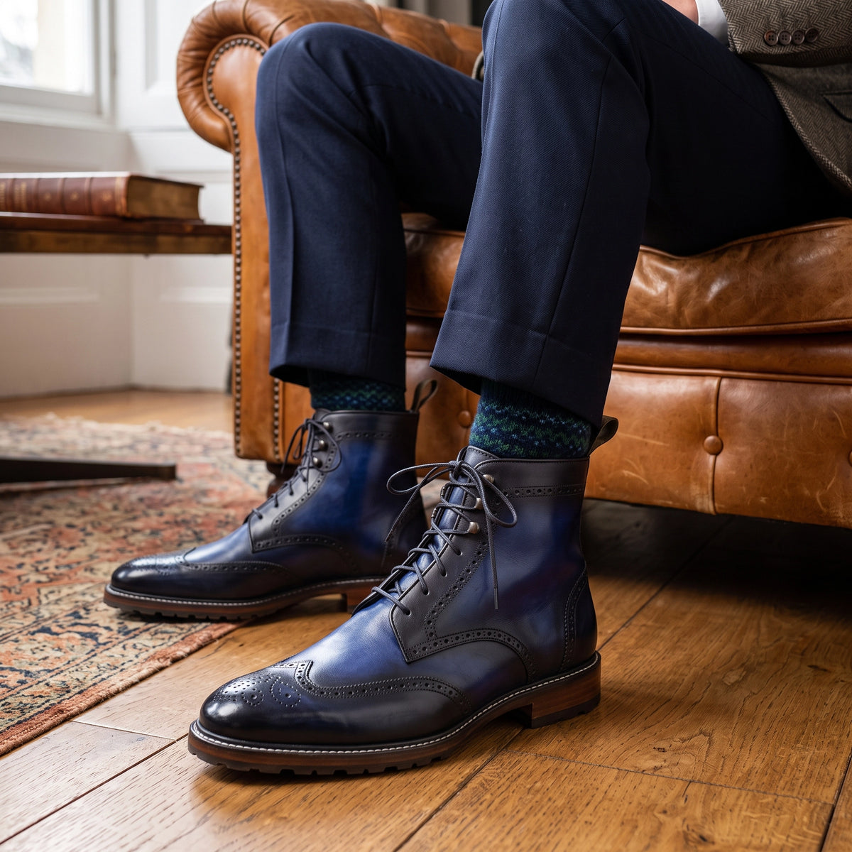 Handmade Men's Blue Patina Leather Wingtip Boots