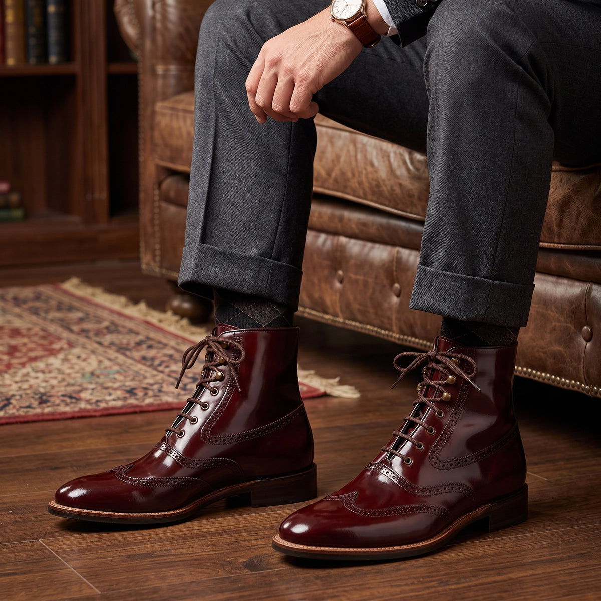 Men's Brown Patina Leather Wingtip Ankle High Boots