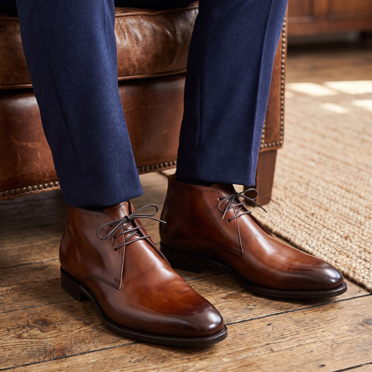 Bottines Chukka hautes en cuir marron pour hommes faites à la main