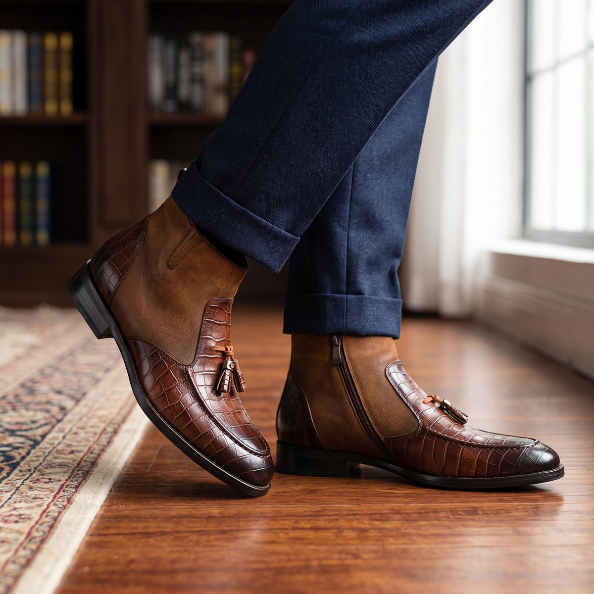 Bottes zippées à pompons en cuir texturé alligator marron pour hommes